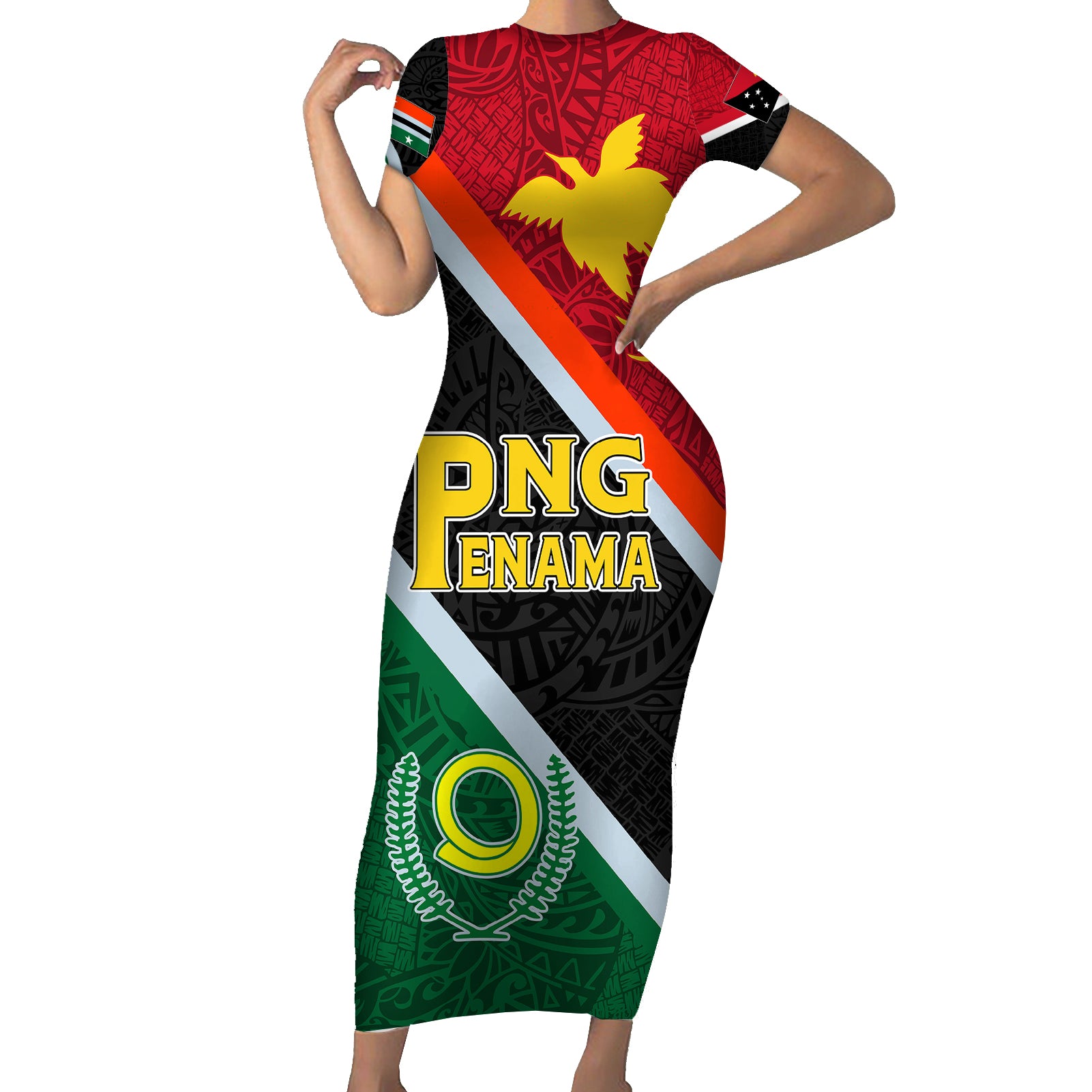 Personalised Penama and Papua New Guinea Day Short Sleeve Bodycon Dress Emblem Mix Style - Wonder Print Shop