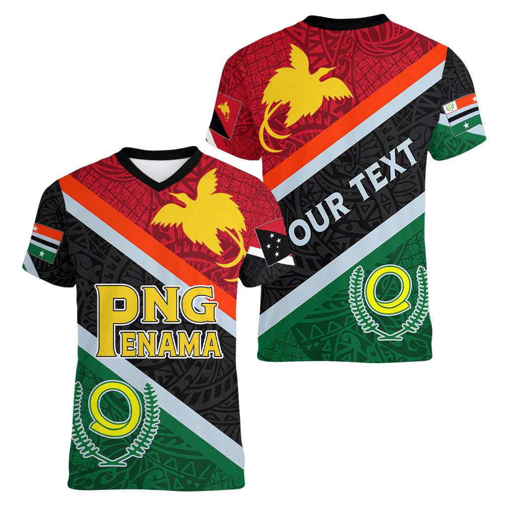 Personalised Penama and Papua New Guinea Day Women V Neck T Shirt Emblem Mix Style - Wonder Print Shop