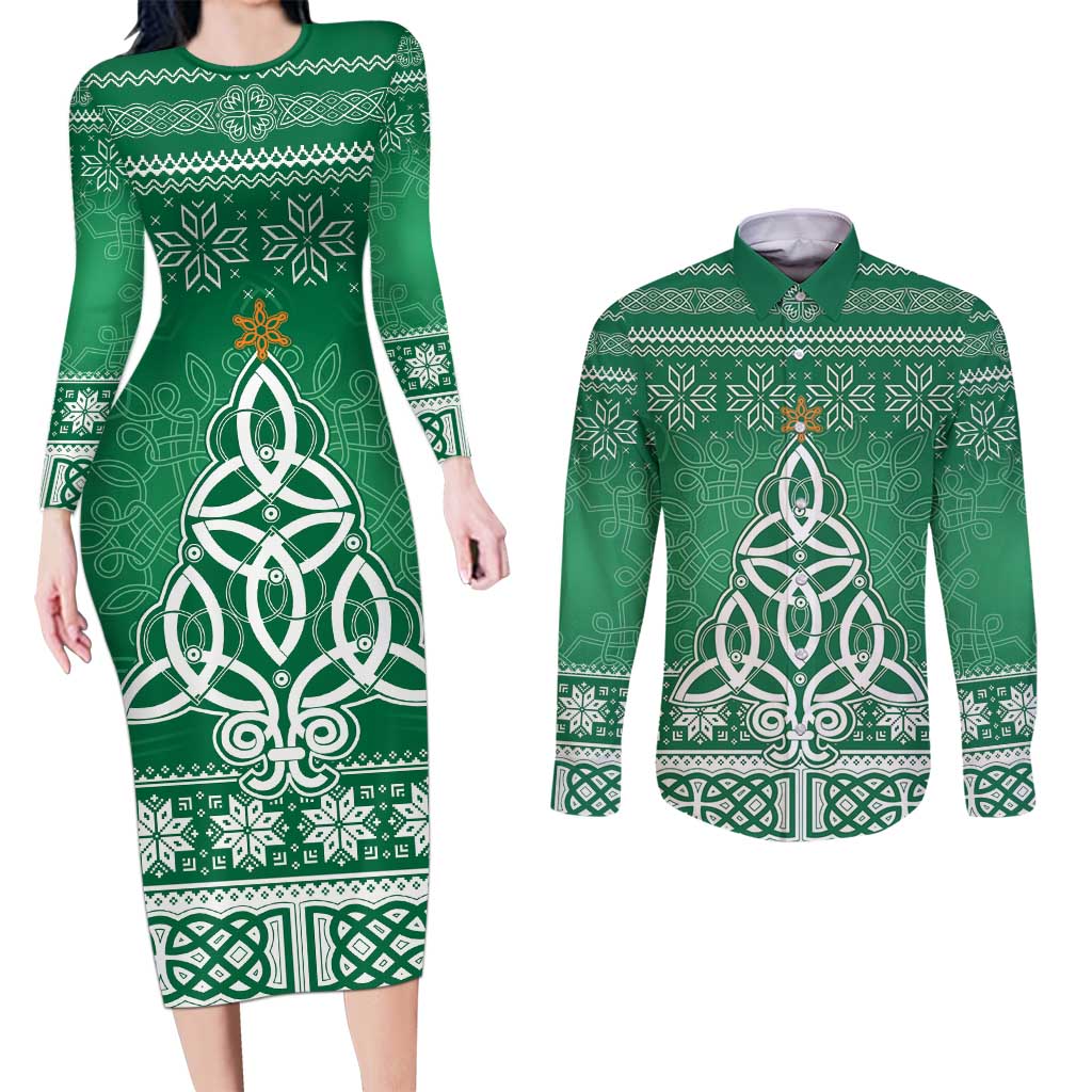 Christmas Ireland Celtic Couples Matching Long Sleeve Bodycon Dress and Long Sleeve Button Shirt Special Xmas Tree - Wonder Print Shop