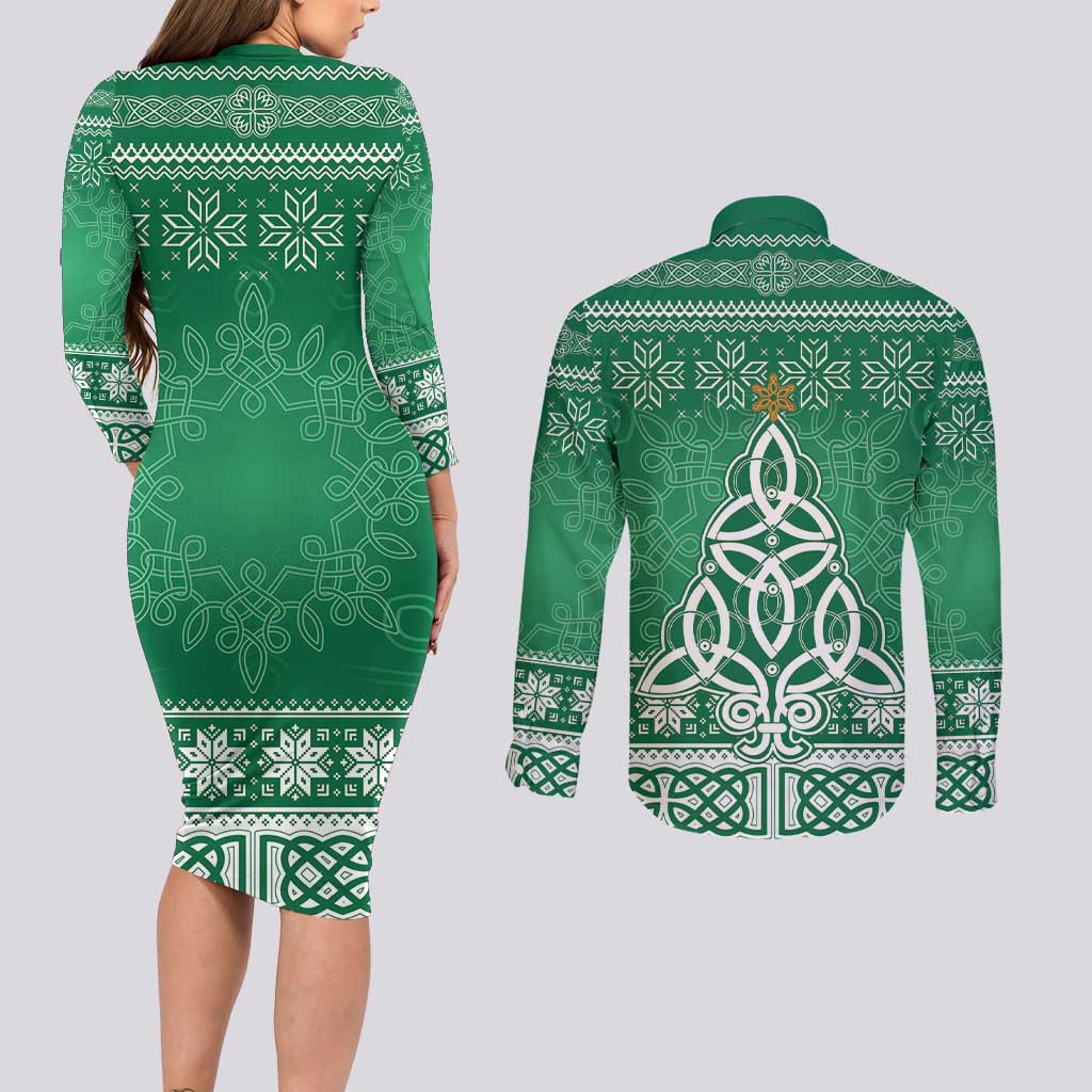 Christmas Ireland Celtic Couples Matching Long Sleeve Bodycon Dress and Long Sleeve Button Shirt Special Xmas Tree - Wonder Print Shop