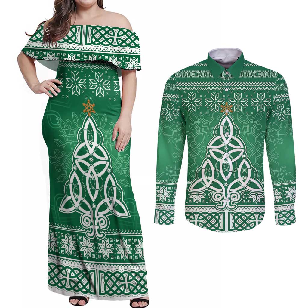 Christmas Ireland Celtic Couples Matching Off Shoulder Maxi Dress and Long Sleeve Button Shirt Special Xmas Tree - Wonder Print Shop