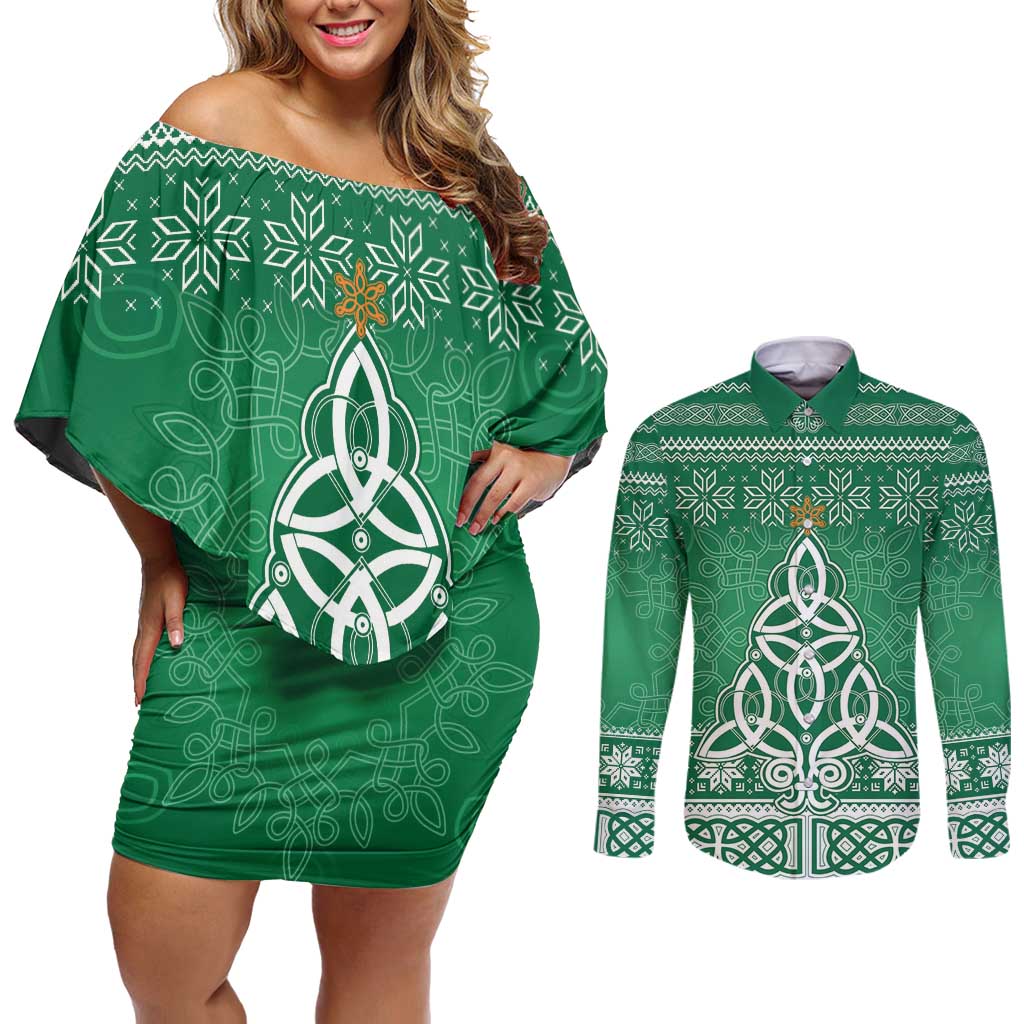 Christmas Ireland Celtic Couples Matching Off Shoulder Short Dress and Long Sleeve Button Shirt Special Xmas Tree - Wonder Print Shop