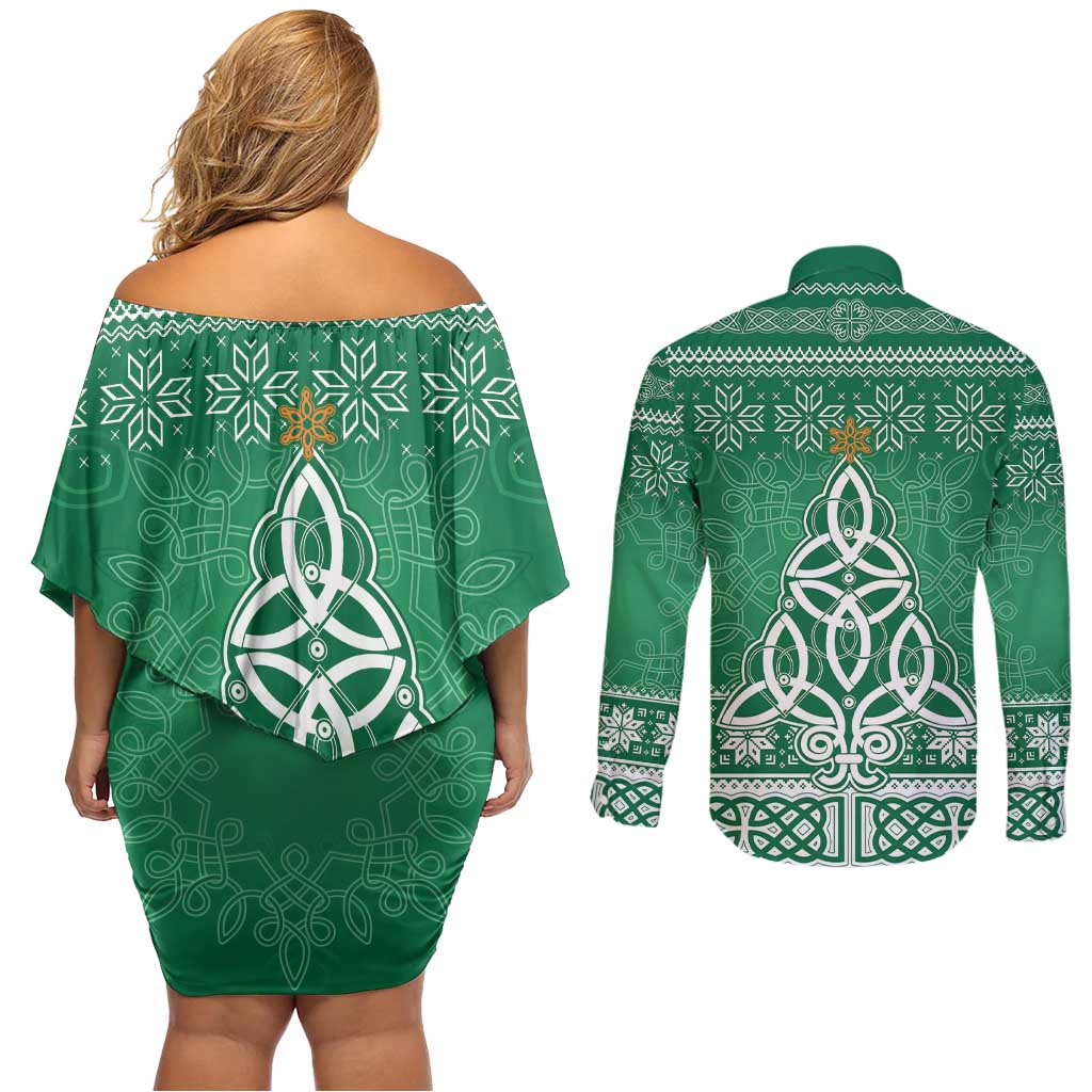 Christmas Ireland Celtic Couples Matching Off Shoulder Short Dress and Long Sleeve Button Shirt Special Xmas Tree - Wonder Print Shop