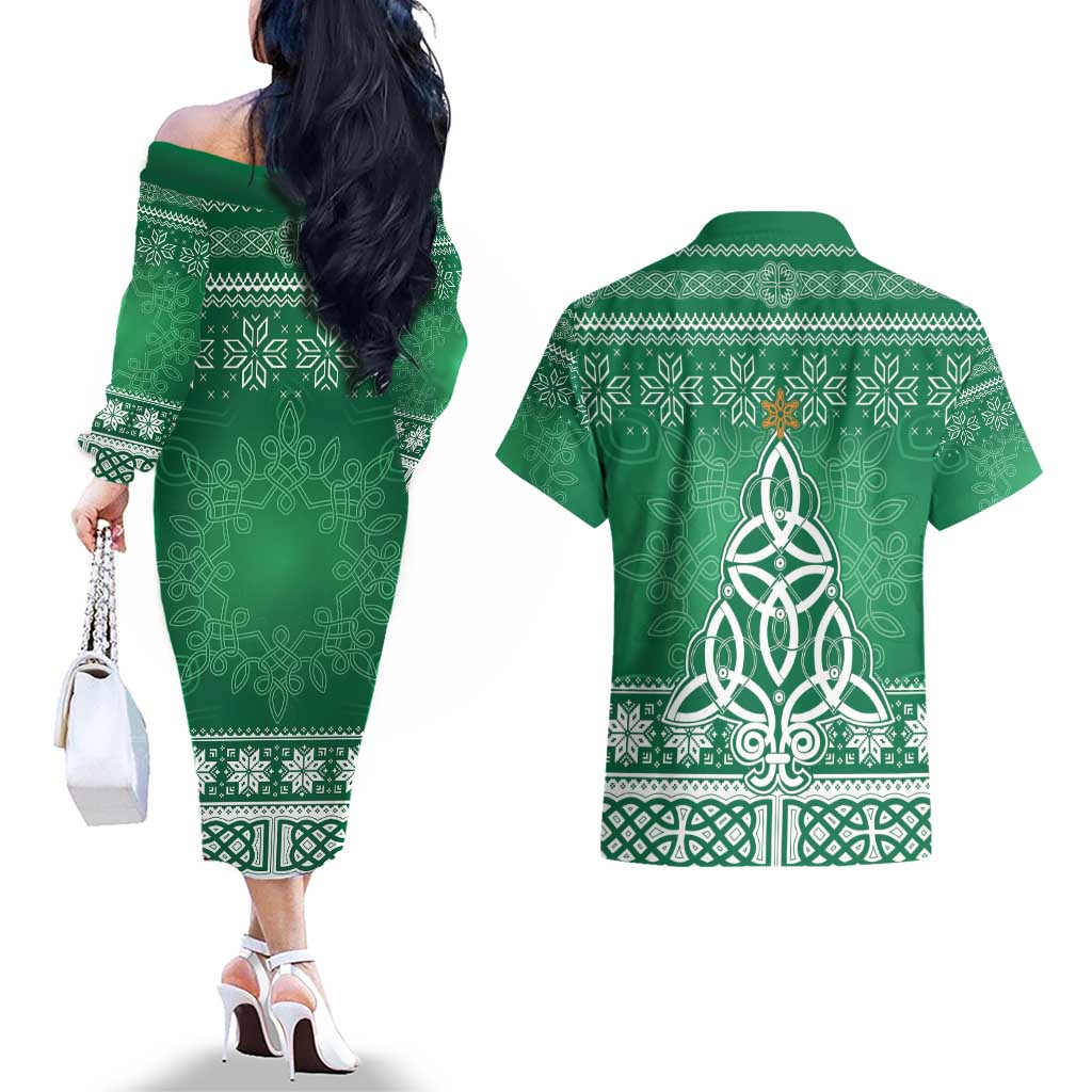 Christmas Ireland Celtic Couples Matching Off The Shoulder Long Sleeve Dress and Hawaiian Shirt Special Xmas Tree - Wonder Print Shop