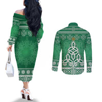 Christmas Ireland Celtic Couples Matching Off The Shoulder Long Sleeve Dress and Long Sleeve Button Shirt Special Xmas Tree - Wonder Print Shop