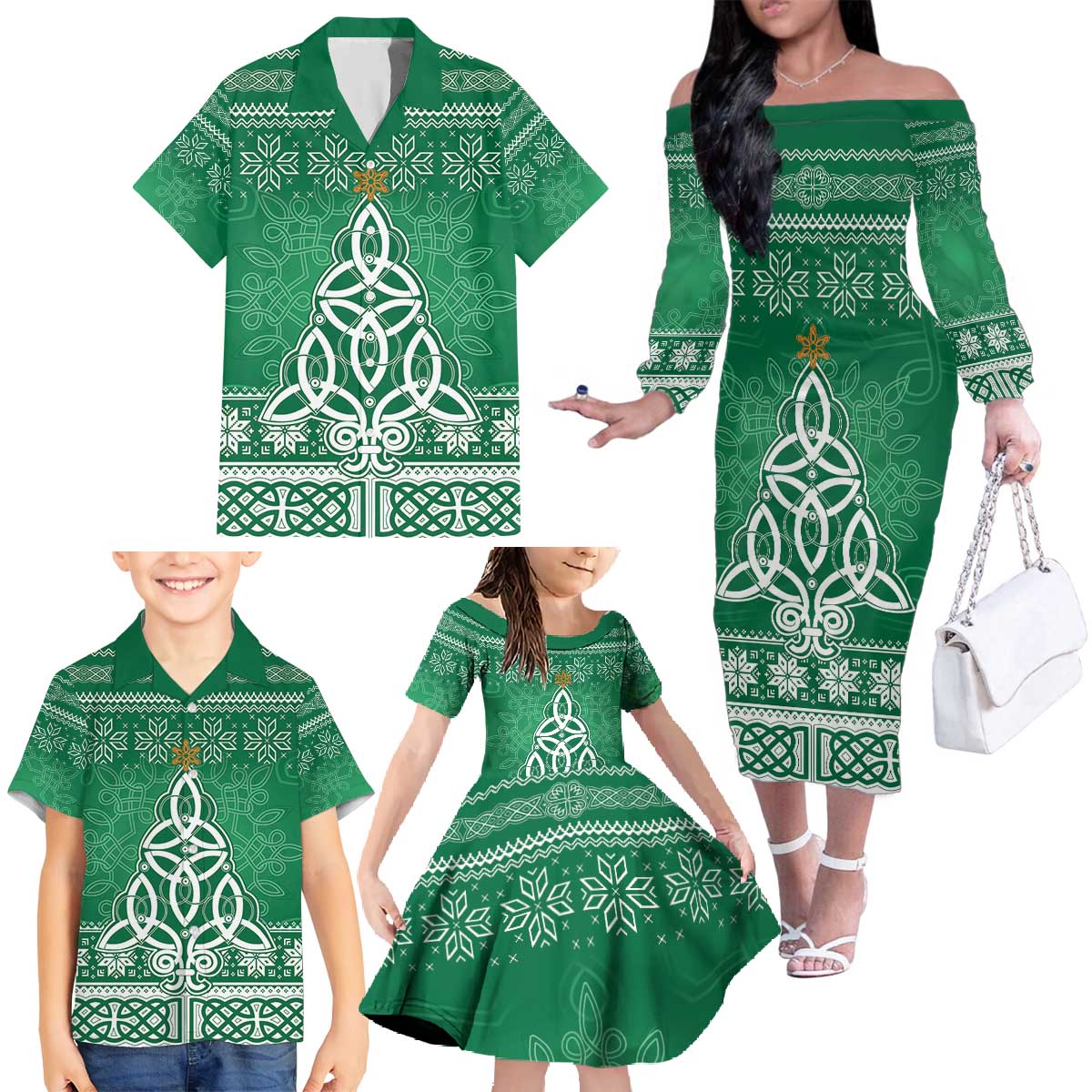 Christmas Ireland Celtic Family Matching Off The Shoulder Long Sleeve Dress and Hawaiian Shirt Special Xmas Tree - Wonder Print Shop