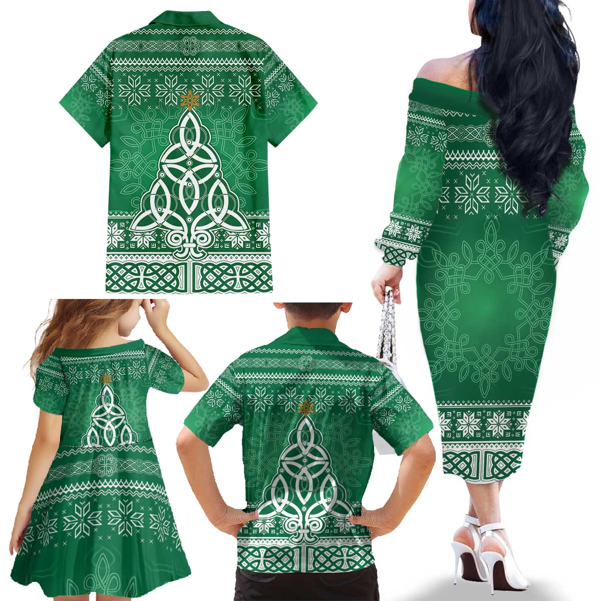 Christmas Ireland Celtic Family Matching Off The Shoulder Long Sleeve Dress and Hawaiian Shirt Special Xmas Tree - Wonder Print Shop