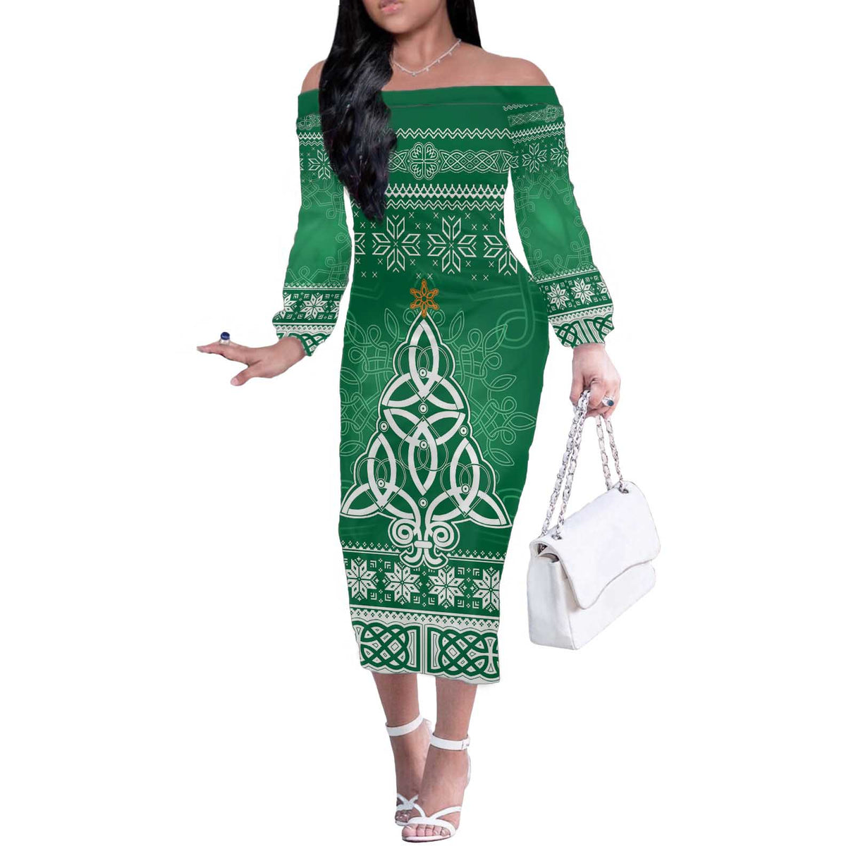 Christmas Ireland Celtic Off The Shoulder Long Sleeve Dress Special Xmas Tree - Wonder Print Shop