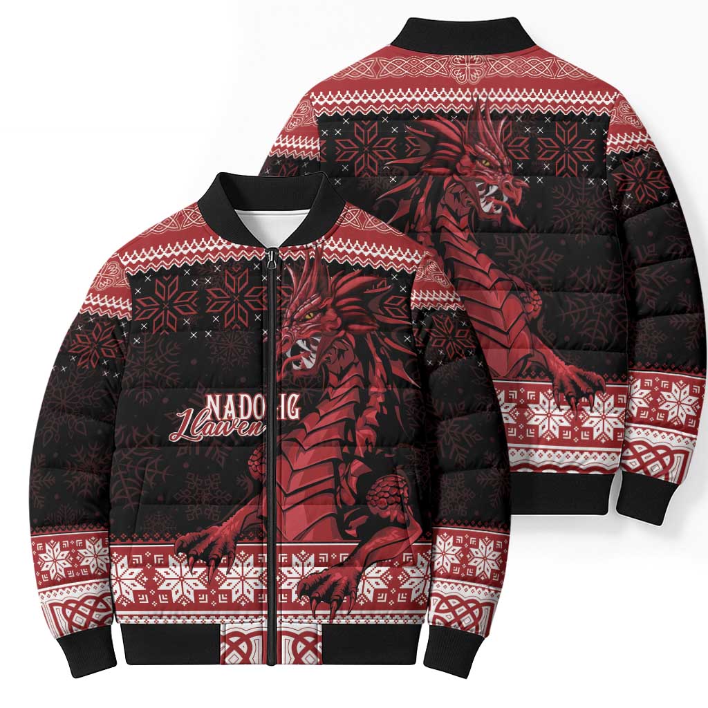 Christmas Wales Celtic Bomber Puffer Jacket Welsh Dragon Nadolig Llawen - Wonder Print Shop