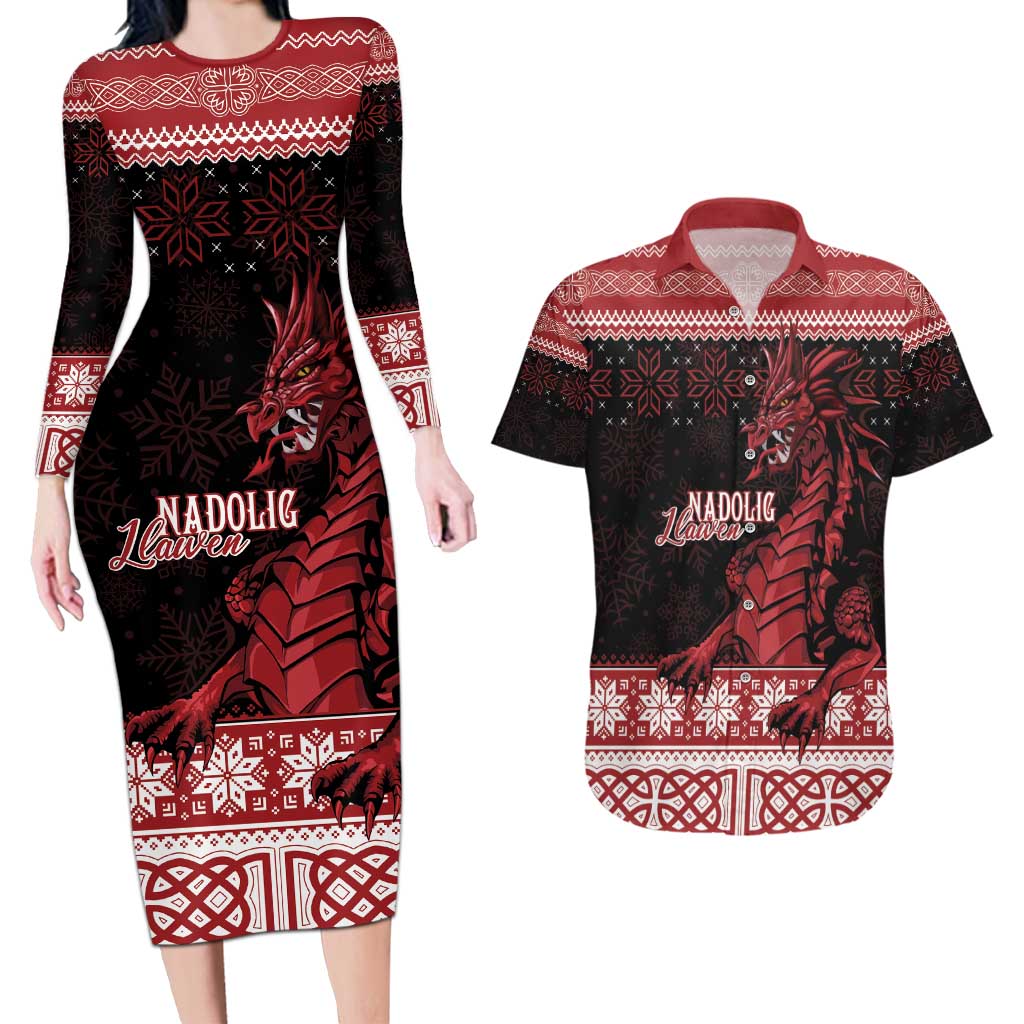 Christmas Wales Celtic Couples Matching Long Sleeve Bodycon Dress and Hawaiian Shirt Welsh Dragon Nadolig Llawen - Wonder Print Shop