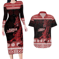 Christmas Wales Celtic Couples Matching Long Sleeve Bodycon Dress and Hawaiian Shirt Welsh Dragon Nadolig Llawen - Wonder Print Shop