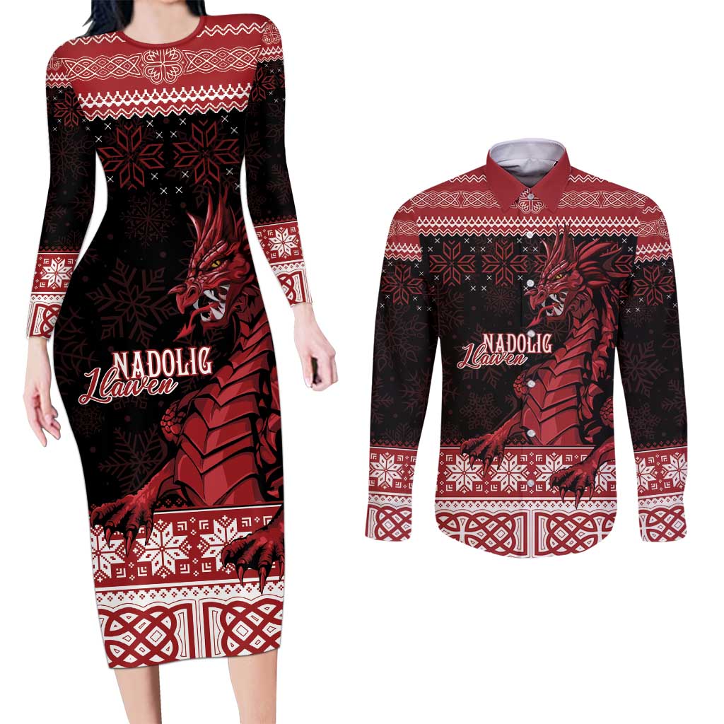 Christmas Wales Celtic Couples Matching Long Sleeve Bodycon Dress and Long Sleeve Button Shirt Welsh Dragon Nadolig Llawen - Wonder Print Shop