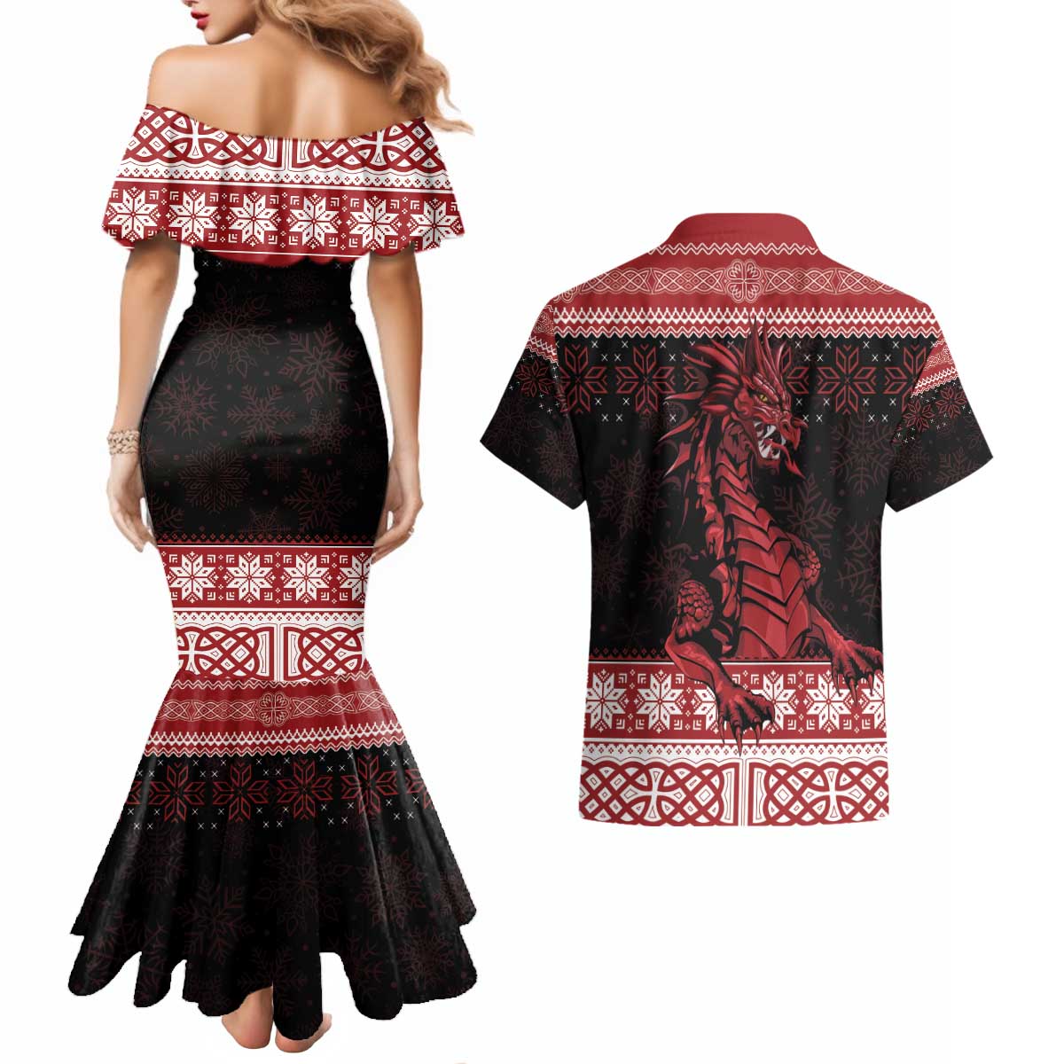 Christmas Wales Celtic Couples Matching Mermaid Dress and Hawaiian Shirt Welsh Dragon Nadolig Llawen - Wonder Print Shop