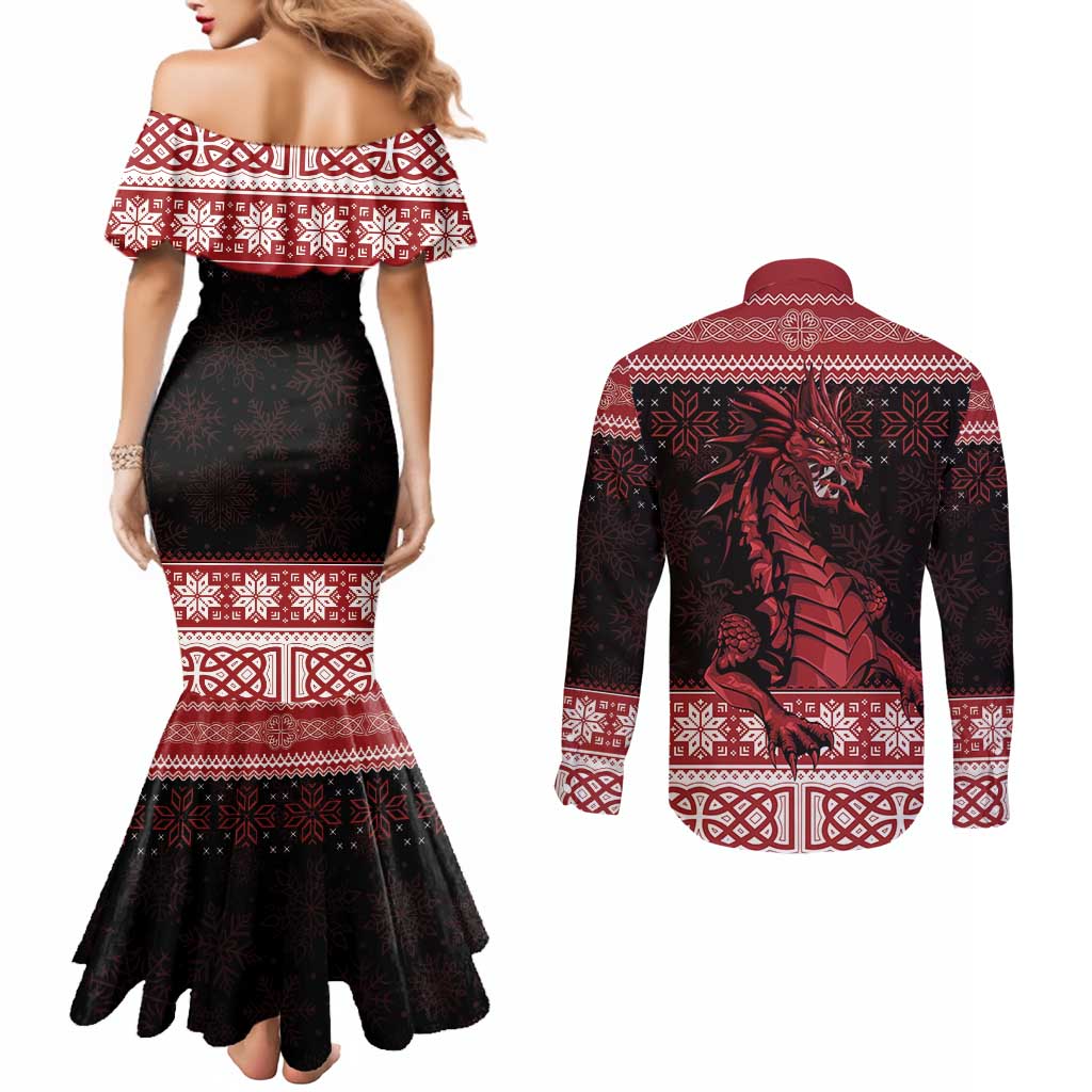 Christmas Wales Celtic Couples Matching Mermaid Dress and Long Sleeve Button Shirt Welsh Dragon Nadolig Llawen - Wonder Print Shop