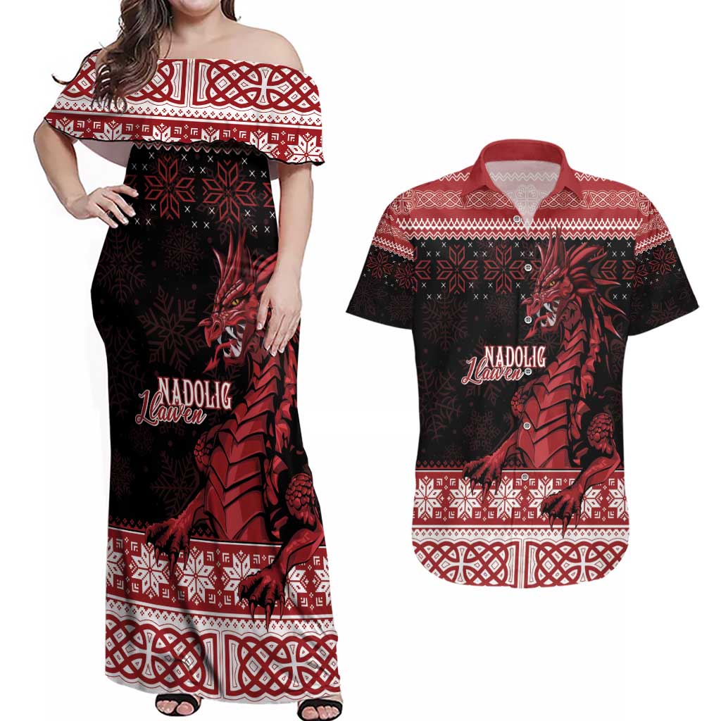 Christmas Wales Celtic Couples Matching Off Shoulder Maxi Dress and Hawaiian Shirt Welsh Dragon Nadolig Llawen - Wonder Print Shop