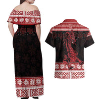 Christmas Wales Celtic Couples Matching Off Shoulder Maxi Dress and Hawaiian Shirt Welsh Dragon Nadolig Llawen - Wonder Print Shop