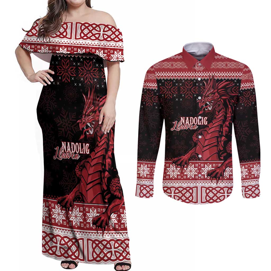 Christmas Wales Celtic Couples Matching Off Shoulder Maxi Dress and Long Sleeve Button Shirt Welsh Dragon Nadolig Llawen - Wonder Print Shop