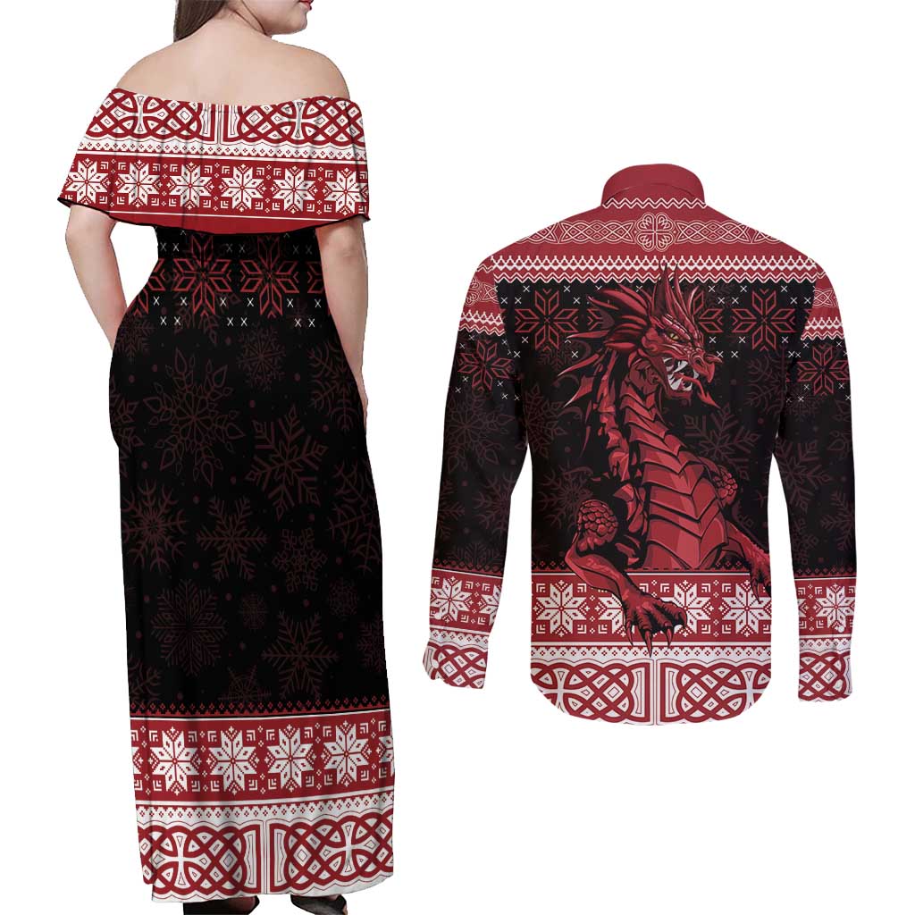 Christmas Wales Celtic Couples Matching Off Shoulder Maxi Dress and Long Sleeve Button Shirt Welsh Dragon Nadolig Llawen - Wonder Print Shop