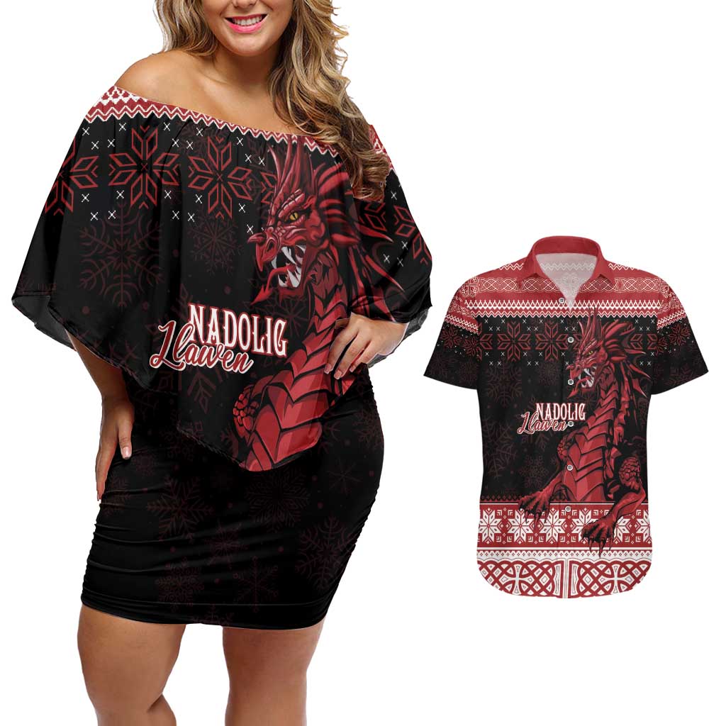 Christmas Wales Celtic Couples Matching Off Shoulder Short Dress and Hawaiian Shirt Welsh Dragon Nadolig Llawen - Wonder Print Shop