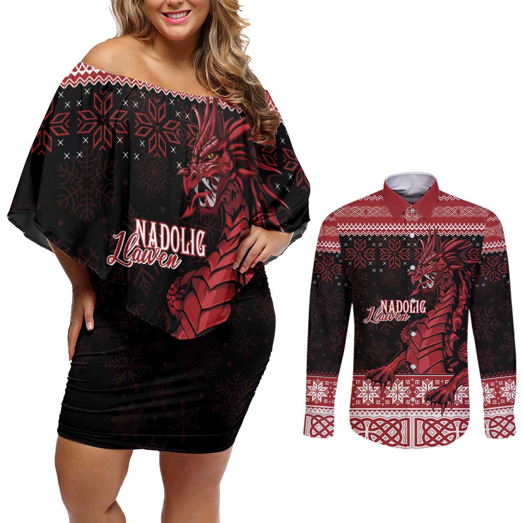 Christmas Wales Celtic Couples Matching Off Shoulder Short Dress and Long Sleeve Button Shirt Welsh Dragon Nadolig Llawen - Wonder Print Shop
