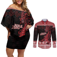 Christmas Wales Celtic Couples Matching Off Shoulder Short Dress and Long Sleeve Button Shirt Welsh Dragon Nadolig Llawen - Wonder Print Shop