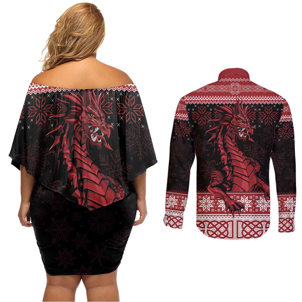 Christmas Wales Celtic Couples Matching Off Shoulder Short Dress and Long Sleeve Button Shirt Welsh Dragon Nadolig Llawen - Wonder Print Shop