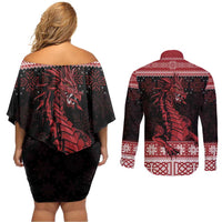 Christmas Wales Celtic Couples Matching Off Shoulder Short Dress and Long Sleeve Button Shirt Welsh Dragon Nadolig Llawen - Wonder Print Shop