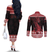 Christmas Wales Celtic Couples Matching Off The Shoulder Long Sleeve Dress and Long Sleeve Button Shirt Welsh Dragon Nadolig Llawen - Wonder Print Shop