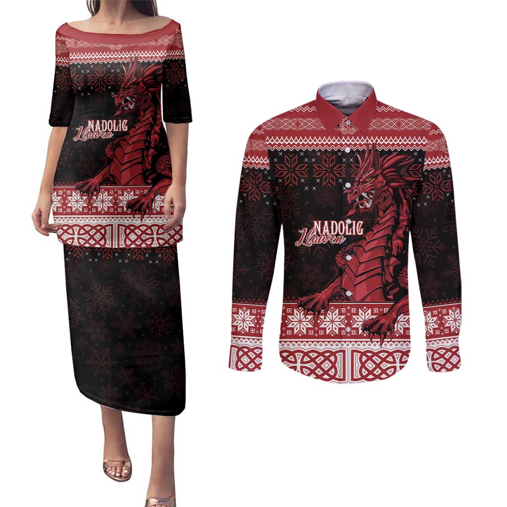 Christmas Wales Celtic Couples Matching Puletasi and Long Sleeve Button Shirt Welsh Dragon Nadolig Llawen - Wonder Print Shop