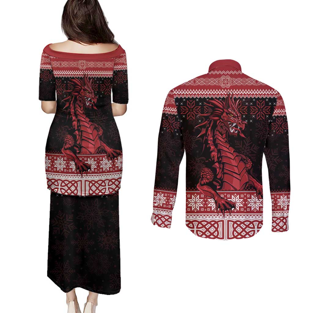 Christmas Wales Celtic Couples Matching Puletasi and Long Sleeve Button Shirt Welsh Dragon Nadolig Llawen - Wonder Print Shop
