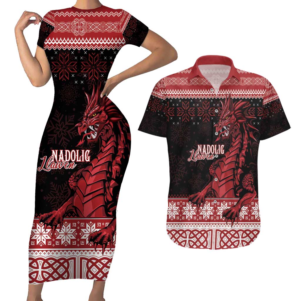 Christmas Wales Celtic Couples Matching Short Sleeve Bodycon Dress and Hawaiian Shirt Welsh Dragon Nadolig Llawen - Wonder Print Shop