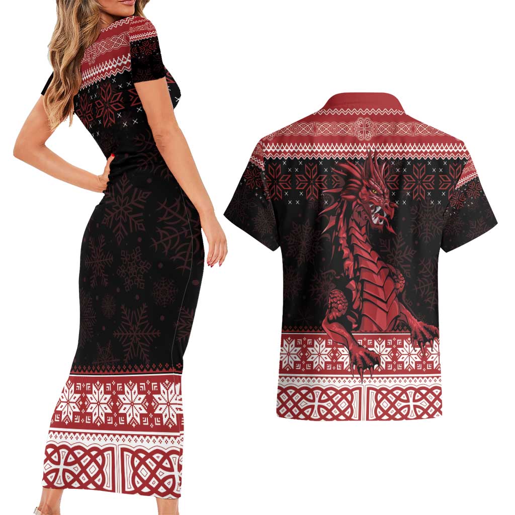 Christmas Wales Celtic Couples Matching Short Sleeve Bodycon Dress and Hawaiian Shirt Welsh Dragon Nadolig Llawen - Wonder Print Shop
