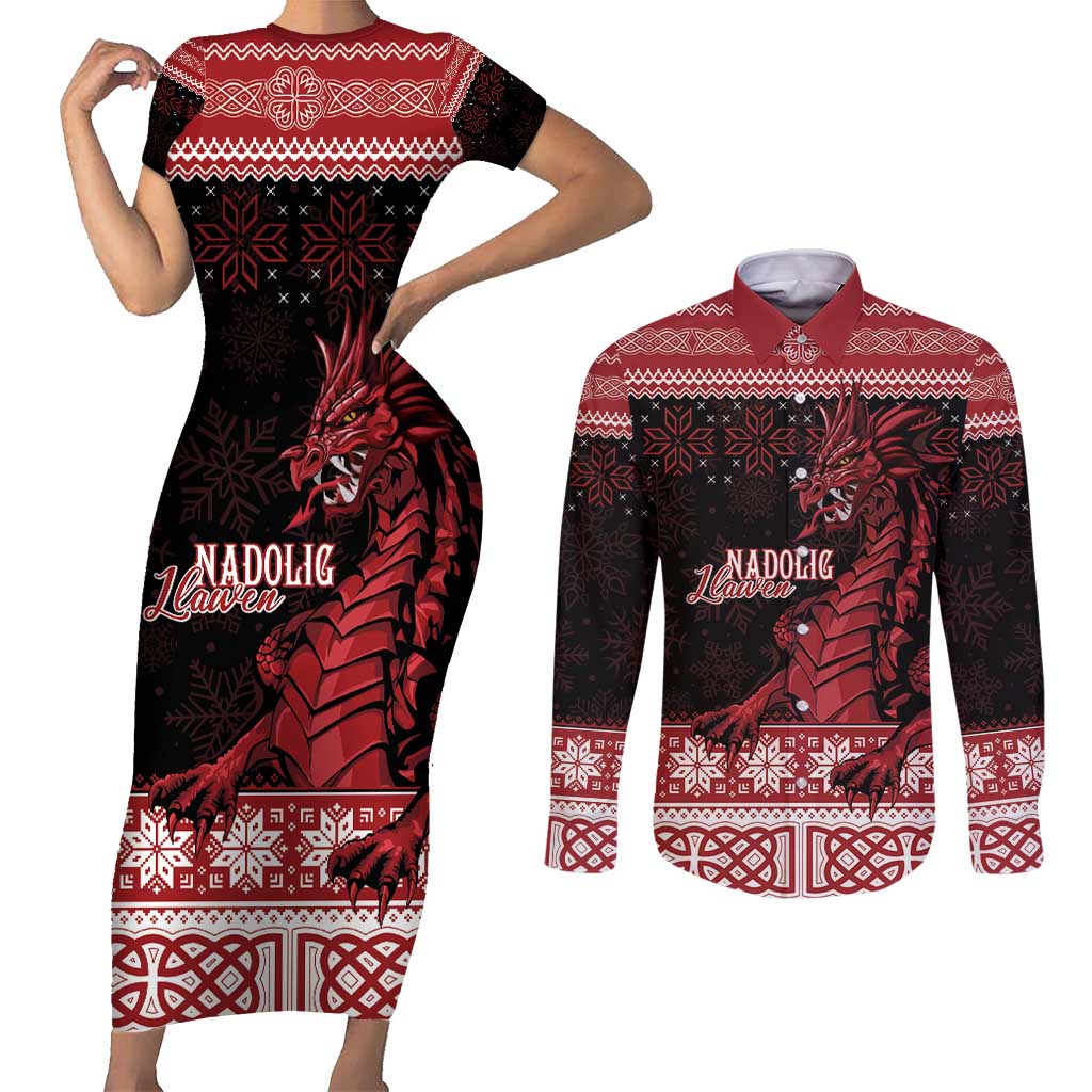 Christmas Wales Celtic Couples Matching Short Sleeve Bodycon Dress and Long Sleeve Button Shirt Welsh Dragon Nadolig Llawen - Wonder Print Shop