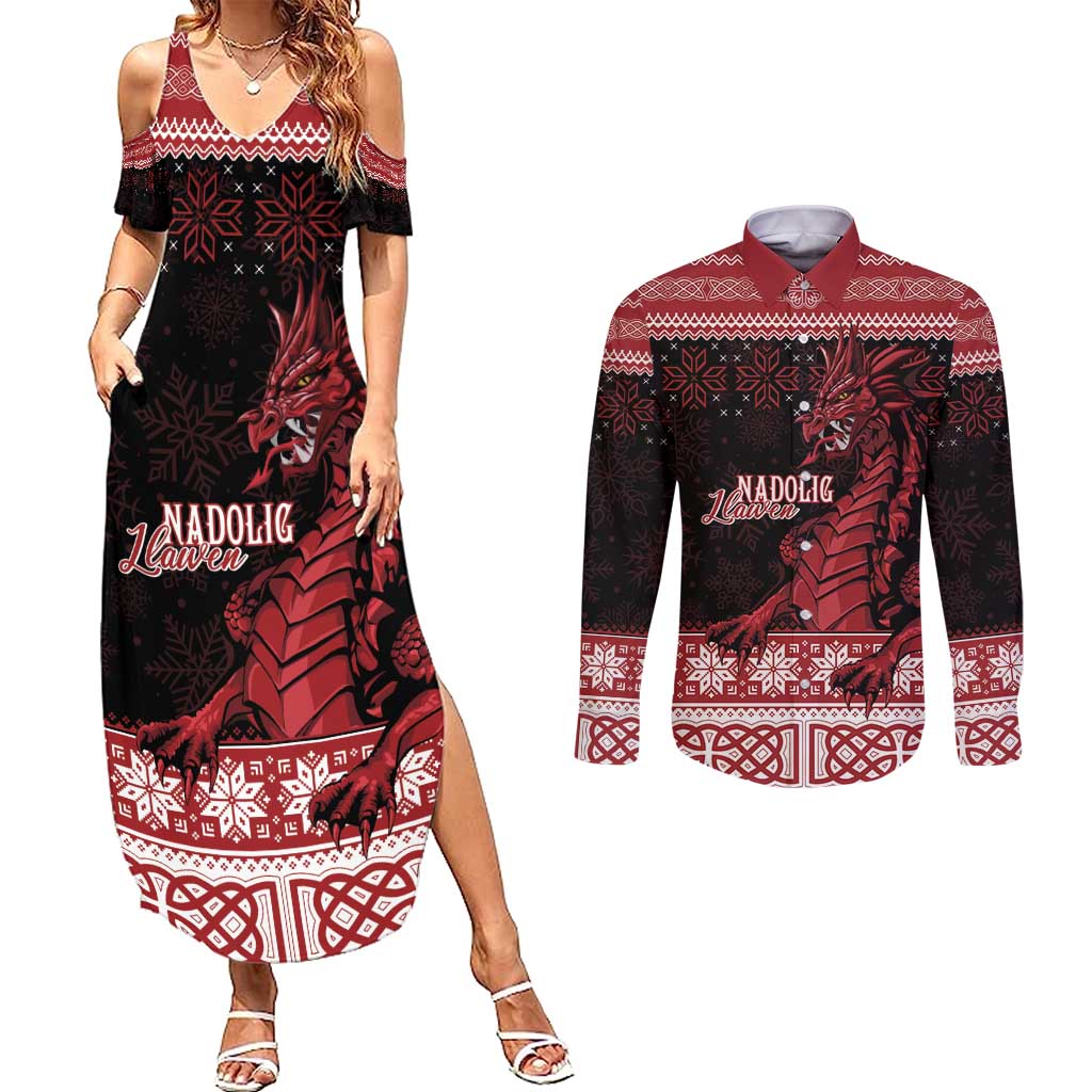 Christmas Wales Celtic Couples Matching Summer Maxi Dress and Long Sleeve Button Shirt Welsh Dragon Nadolig Llawen - Wonder Print Shop