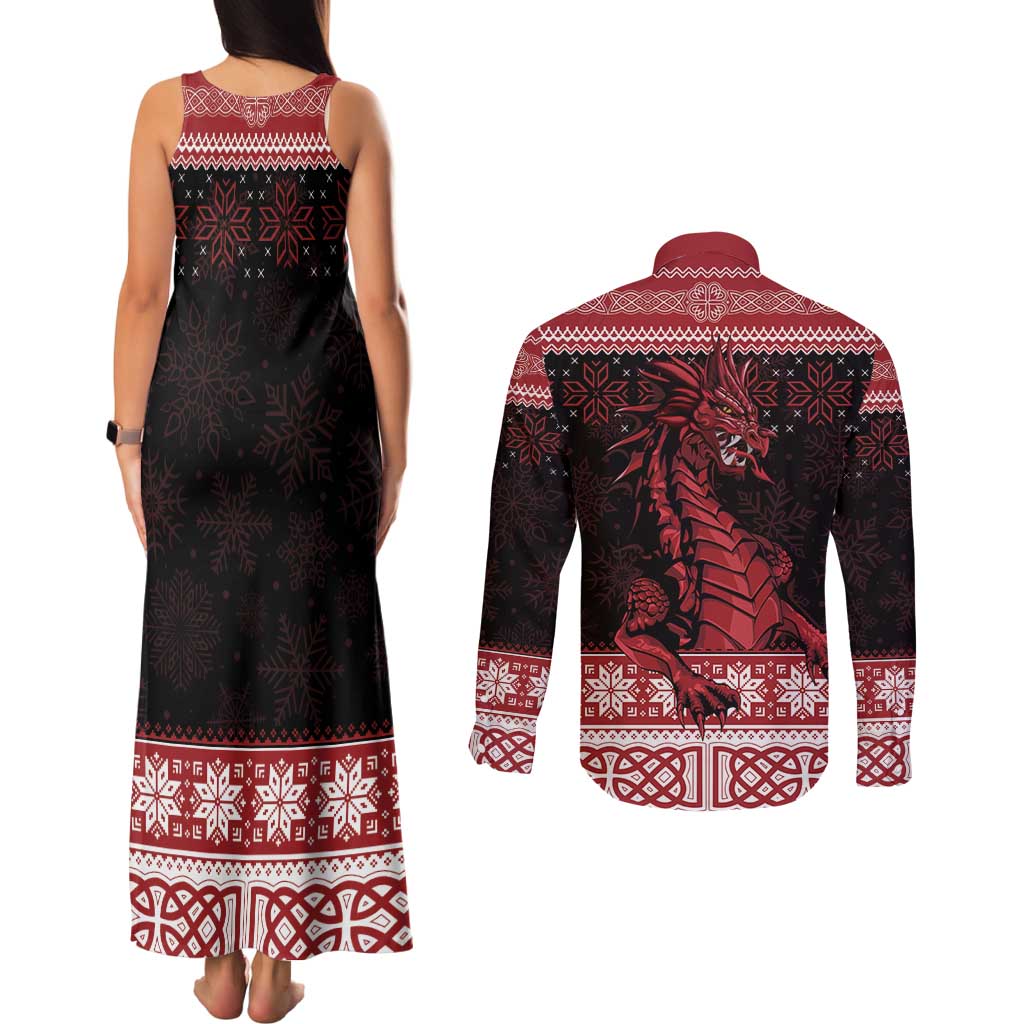 Christmas Wales Celtic Couples Matching Tank Maxi Dress and Long Sleeve Button Shirt Welsh Dragon Nadolig Llawen - Wonder Print Shop
