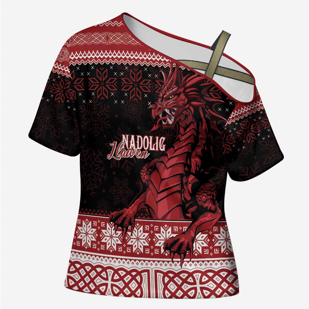 Christmas Wales Celtic Cross Shoulder Shirt Welsh Dragon Nadolig Llawen - Wonder Print Shop