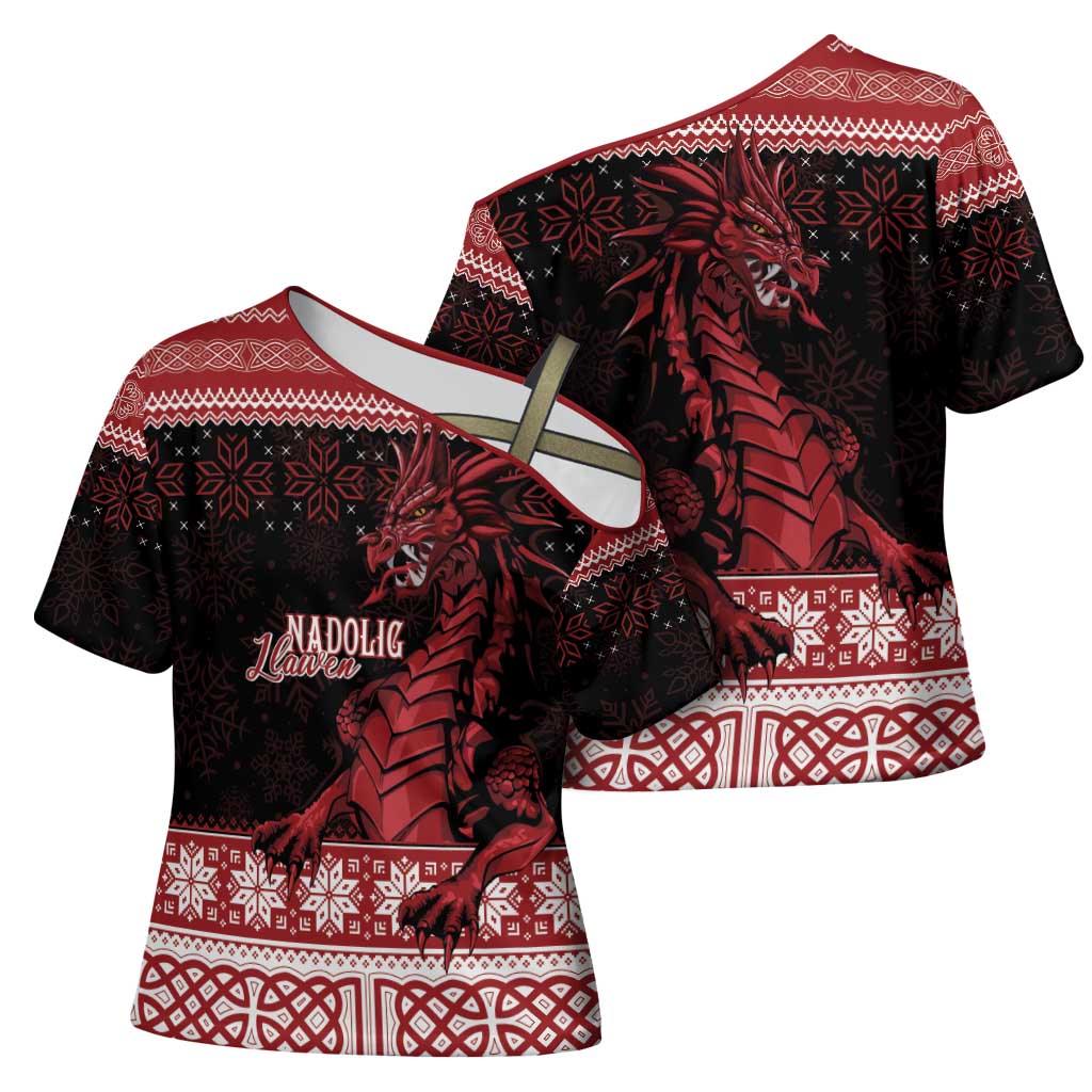 Christmas Wales Celtic Cross Shoulder Shirt Welsh Dragon Nadolig Llawen - Wonder Print Shop