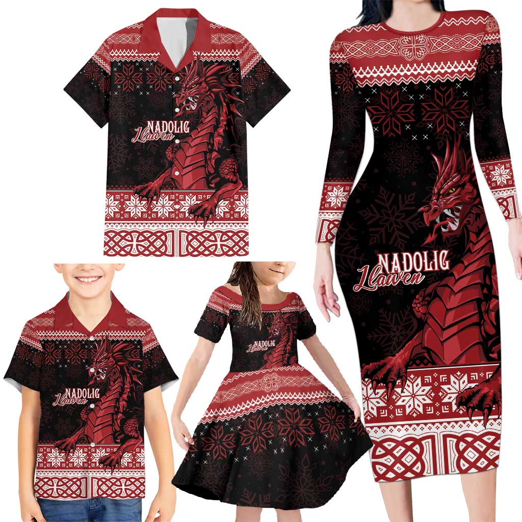 Christmas Wales Celtic Family Matching Long Sleeve Bodycon Dress and Hawaiian Shirt Welsh Dragon Nadolig Llawen - Wonder Print Shop