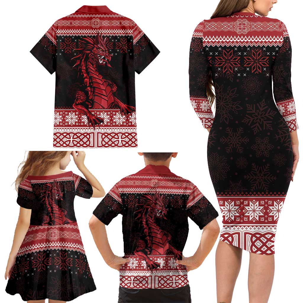 Christmas Wales Celtic Family Matching Long Sleeve Bodycon Dress and Hawaiian Shirt Welsh Dragon Nadolig Llawen - Wonder Print Shop