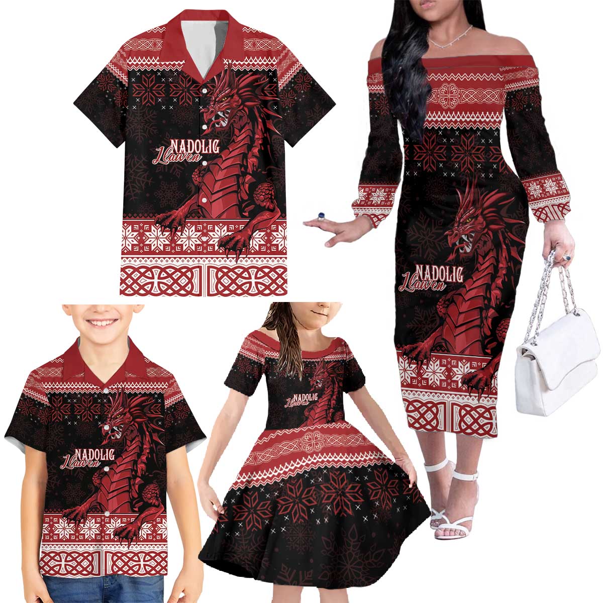 Christmas Wales Celtic Family Matching Off The Shoulder Long Sleeve Dress and Hawaiian Shirt Welsh Dragon Nadolig Llawen - Wonder Print Shop