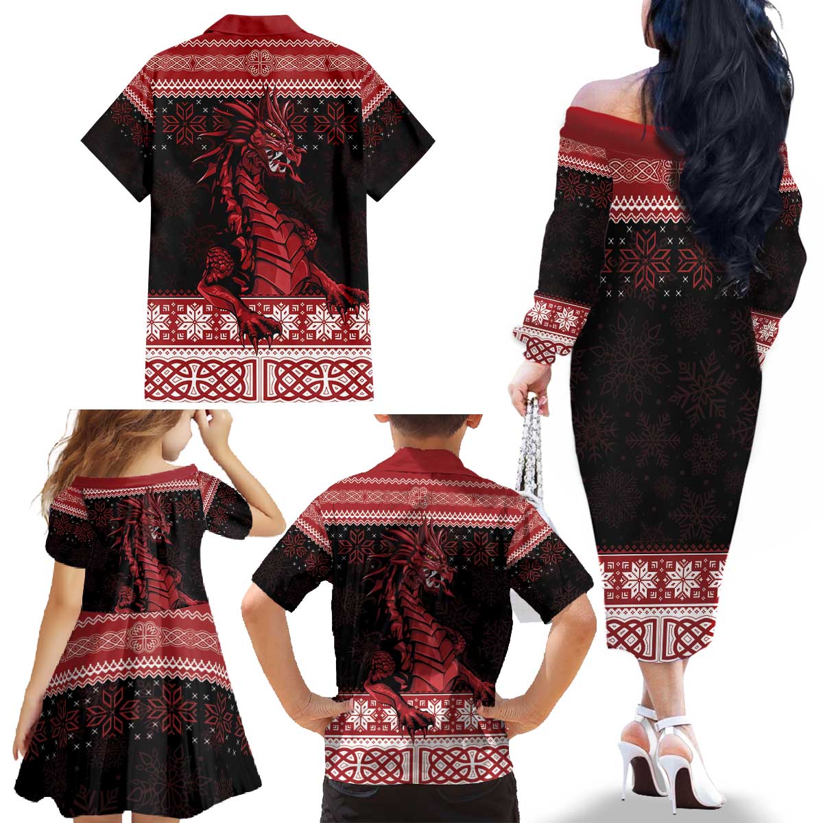 Christmas Wales Celtic Family Matching Off The Shoulder Long Sleeve Dress and Hawaiian Shirt Welsh Dragon Nadolig Llawen - Wonder Print Shop