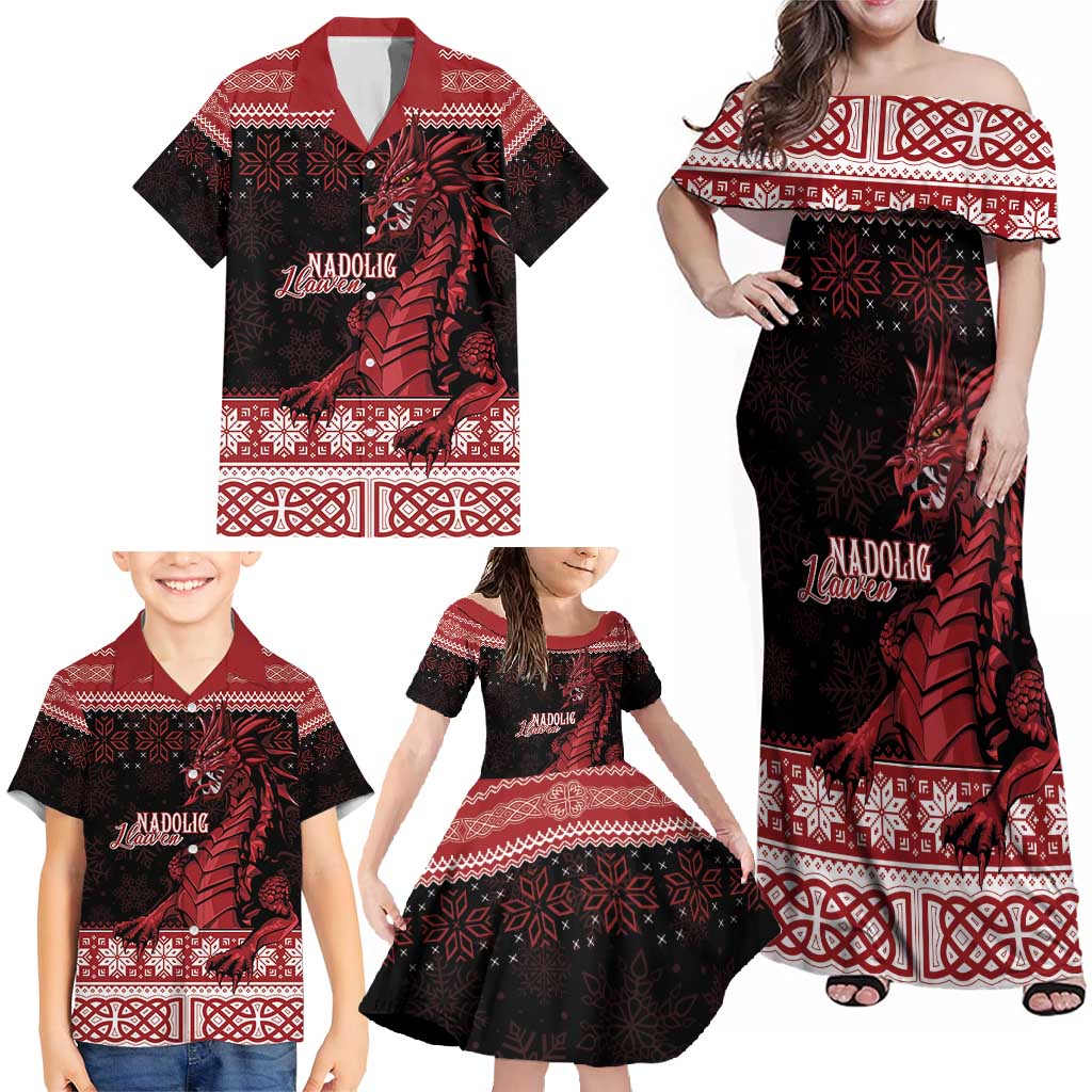 Christmas Wales Celtic Family Matching Off Shoulder Maxi Dress and Hawaiian Shirt Welsh Dragon Nadolig Llawen - Wonder Print Shop