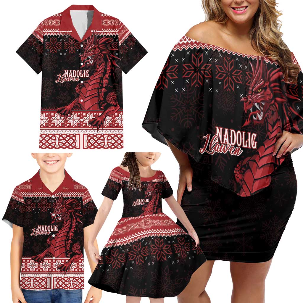 Christmas Wales Celtic Family Matching Off Shoulder Short Dress and Hawaiian Shirt Welsh Dragon Nadolig Llawen - Wonder Print Shop