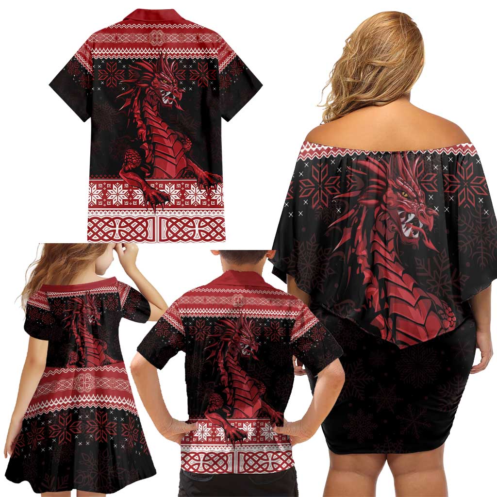 Christmas Wales Celtic Family Matching Off Shoulder Short Dress and Hawaiian Shirt Welsh Dragon Nadolig Llawen - Wonder Print Shop