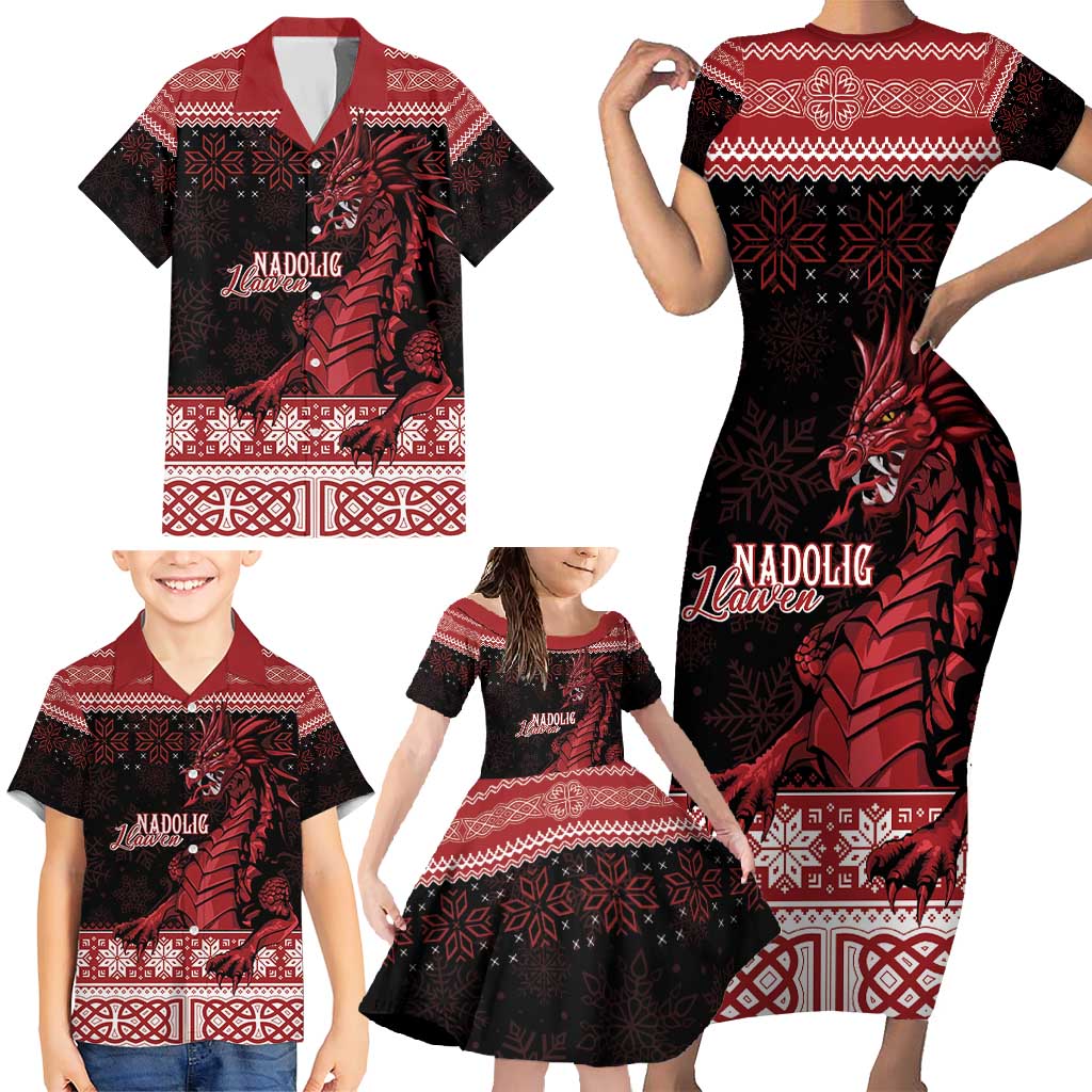 Christmas Wales Celtic Family Matching Short Sleeve Bodycon Dress and Hawaiian Shirt Welsh Dragon Nadolig Llawen - Wonder Print Shop