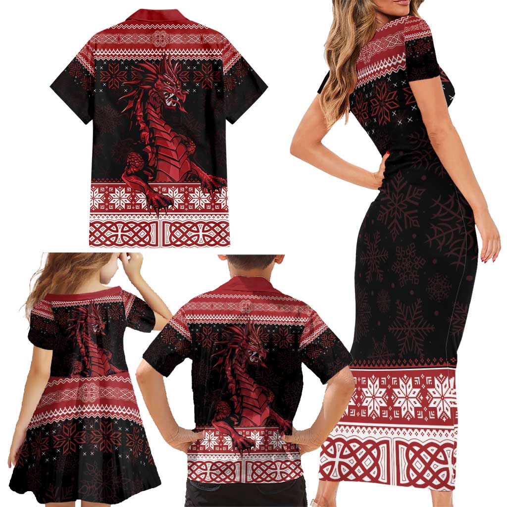 Christmas Wales Celtic Family Matching Short Sleeve Bodycon Dress and Hawaiian Shirt Welsh Dragon Nadolig Llawen - Wonder Print Shop