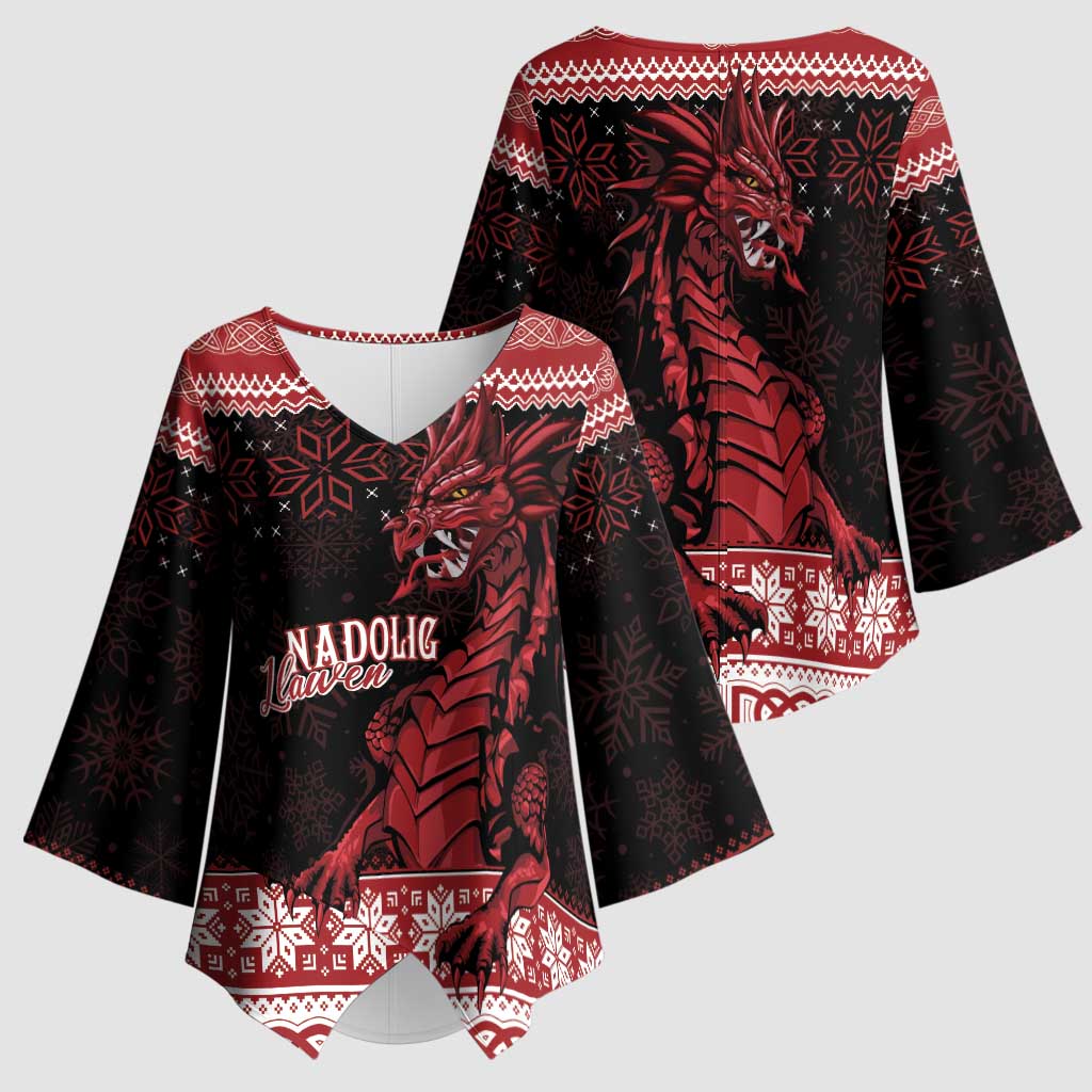 Christmas Wales Celtic Kimono Sleeve Blouse Welsh Dragon Nadolig Llawen - Wonder Print Shop