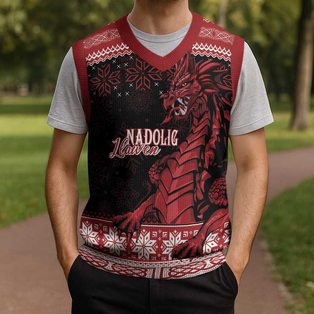 Christmas Wales Celtic Christmas Knitted V-Neck Vest Welsh Dragon Nadolig Llawen - Wonder Print Shop