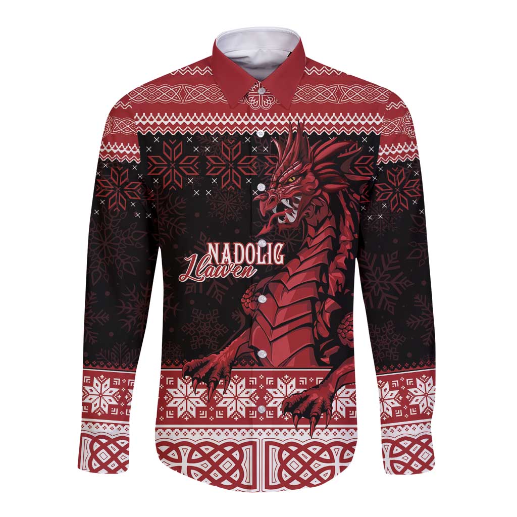 Christmas Wales Celtic Long Sleeve Button Shirt Welsh Dragon Nadolig Llawen - Wonder Print Shop