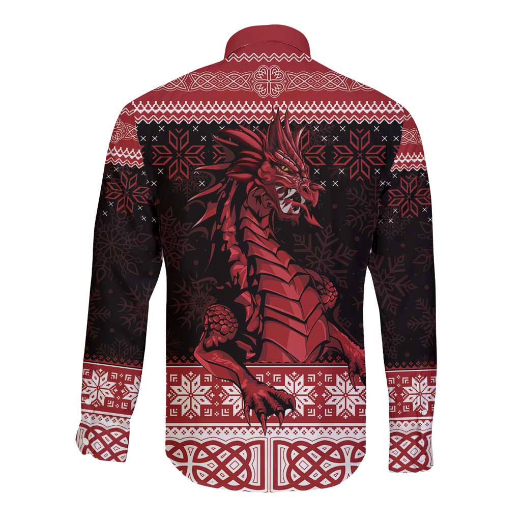 Christmas Wales Celtic Long Sleeve Button Shirt Welsh Dragon Nadolig Llawen - Wonder Print Shop